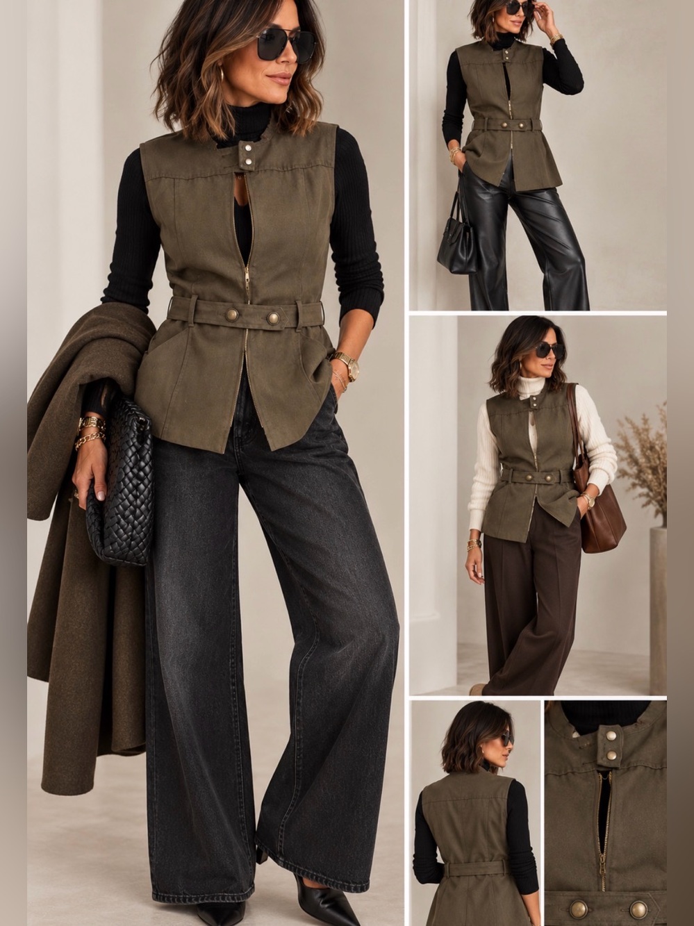 F.l. Malik Sleeveless Belted Utility Vest - Olive Green